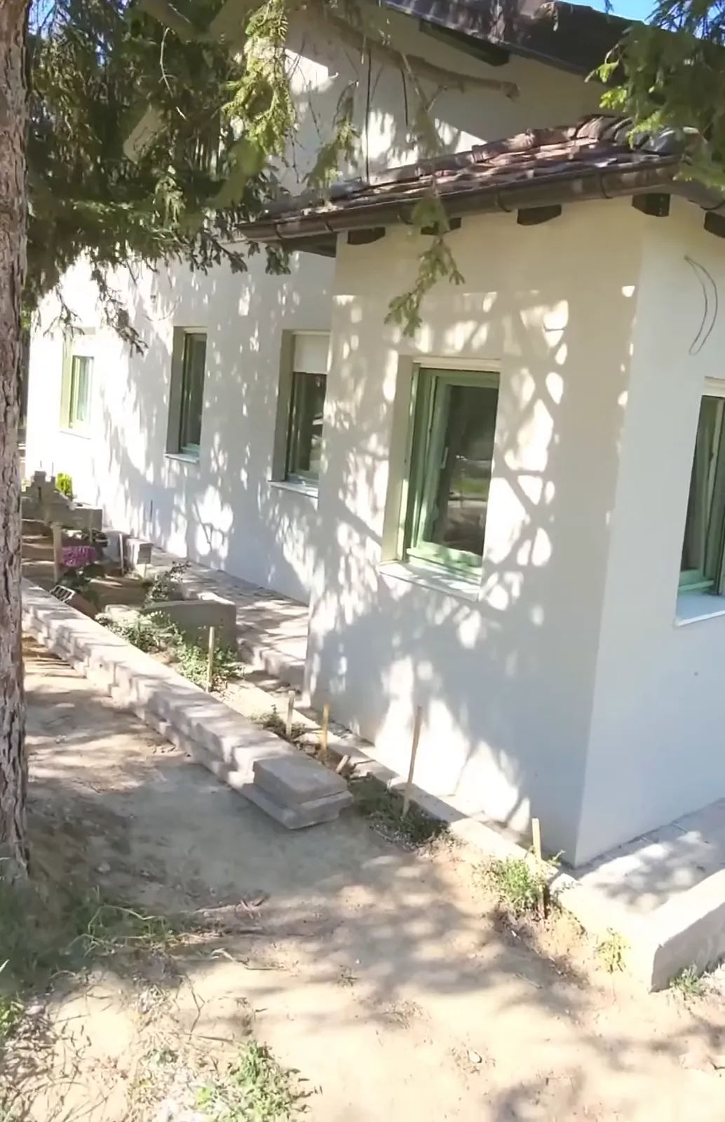 Obnovljena fasada starije kuće u hladu borova