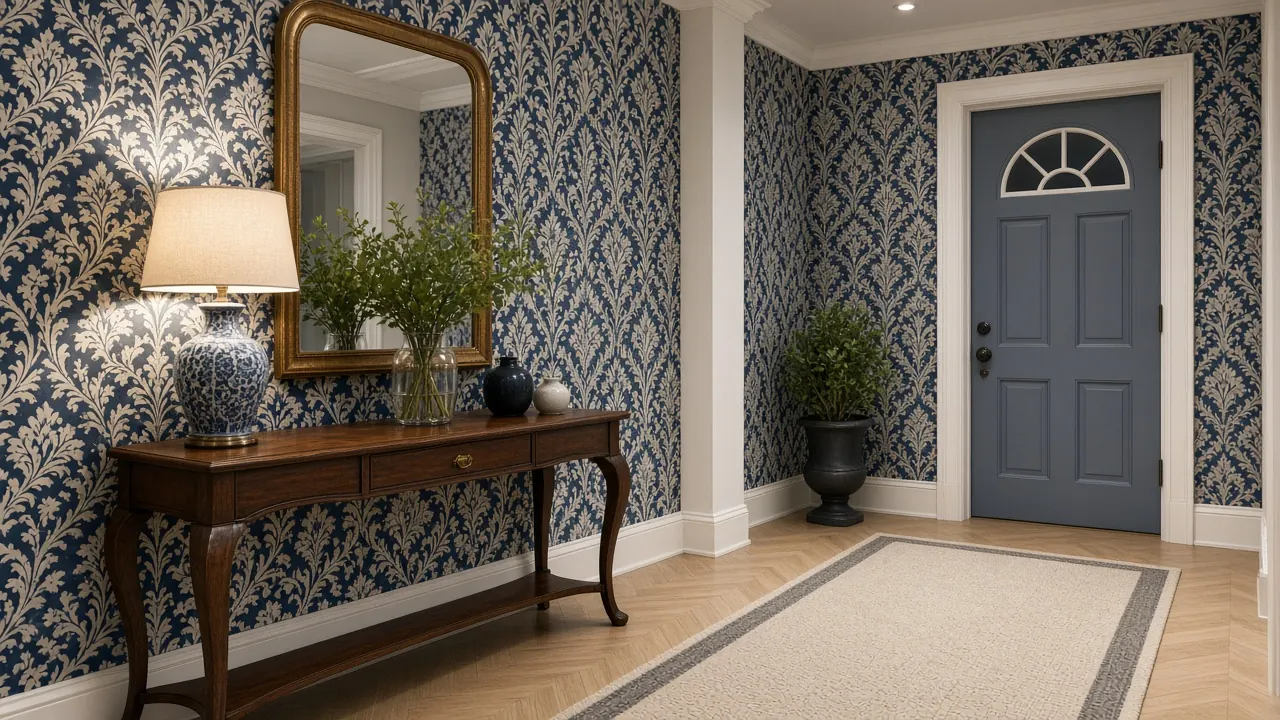 Hodnik sa plavom damask tapetom, vizuelizacija