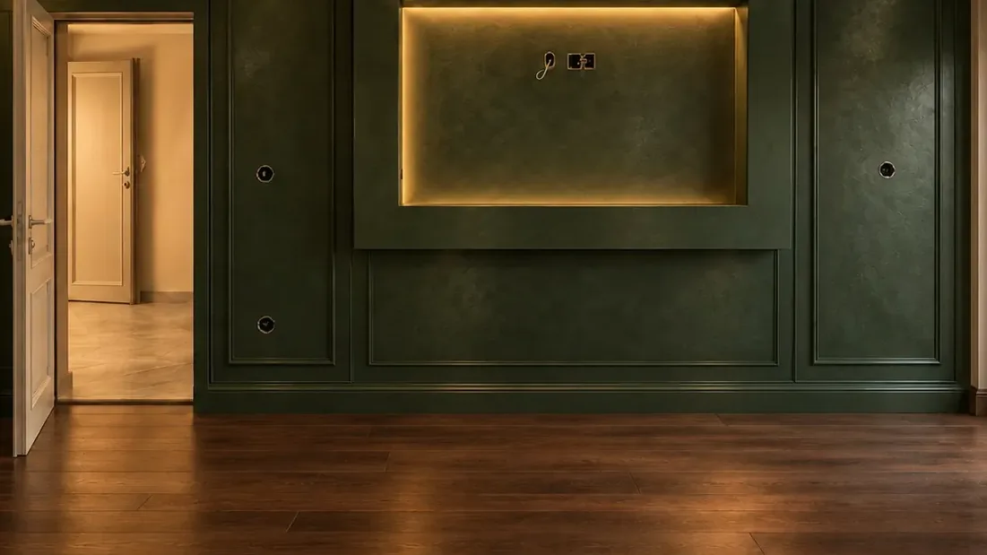 Detalj tamnozelenih zidnih panela i niše sa LED okvirom, vizuelizacija